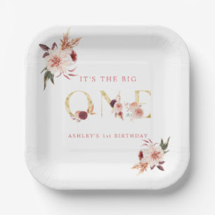 Floral Gold Letter Elegant Girl First Birthday Paper Plate