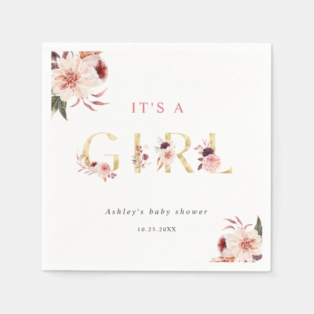 Floral Gold Letter Elegant It's a Girl Baby Shower Napkin (Front)