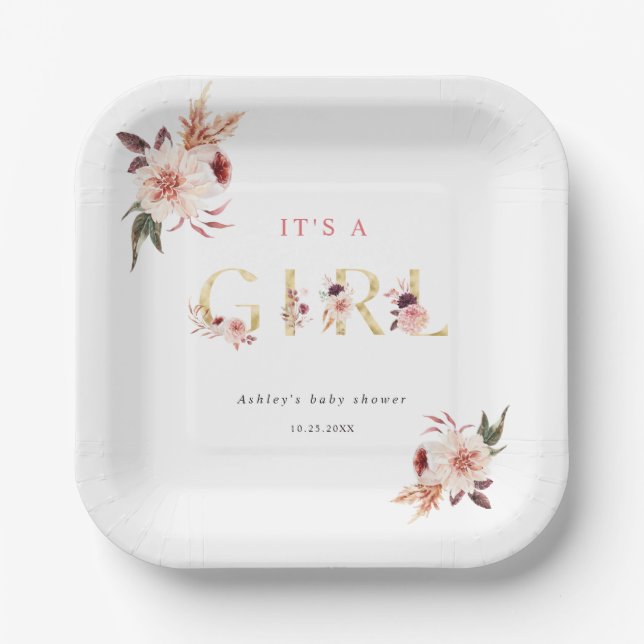 Floral Gold Letter Elegant It's a Girl Baby Shower Paper Plate (Front)