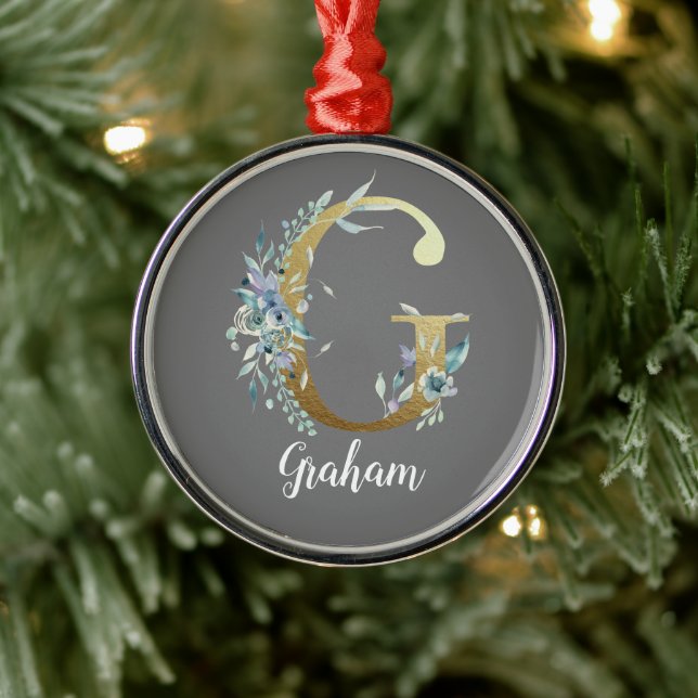 Floral Gold Letter G on Grey  Metal Ornament (Tree)