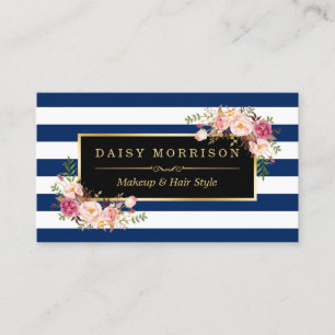 Floral Gold Makeup Salon Changeable Navy Stripes Business Card