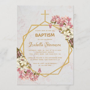 Floral Gold Marble Pink Orchids Geometric Baptism Invitation