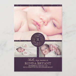 Floral Gold Monogram Vintage Baby Photos Birth Announcement