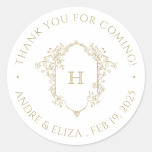 Floral Gold Monogram Wedding Thank You Sticker