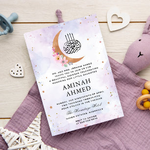 Floral Gold Moon Watercolor Purple Islamic Aqeeqa Invitation