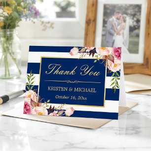 Floral Gold Navy Blue Stripes Wedding Thank You Card