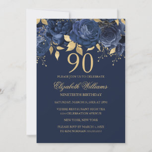 Floral Gold Navy Rose 90th Birthday Invitation