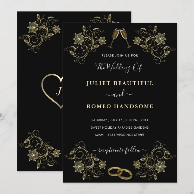 Floral Gold on Black Wedding Invitations Example (Front/Back)