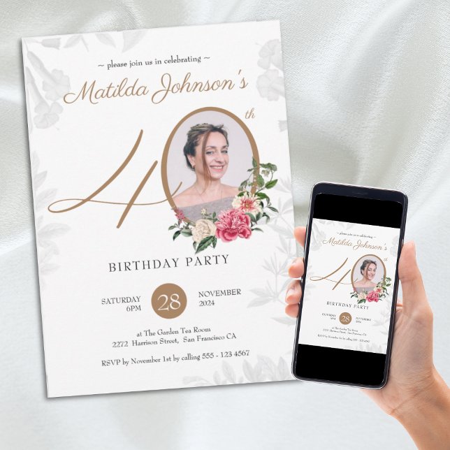Floral Gold Photo 40th Birthday Party Invitation (Floral Gold Photo 40th Birthday Party Invitation)
