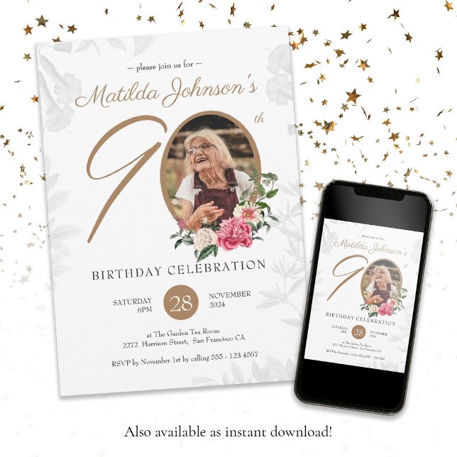Floral Gold Photo 90th Birthday Party Invitation (Floral 90th Birthday White Gold Botanical Custom Invitation)