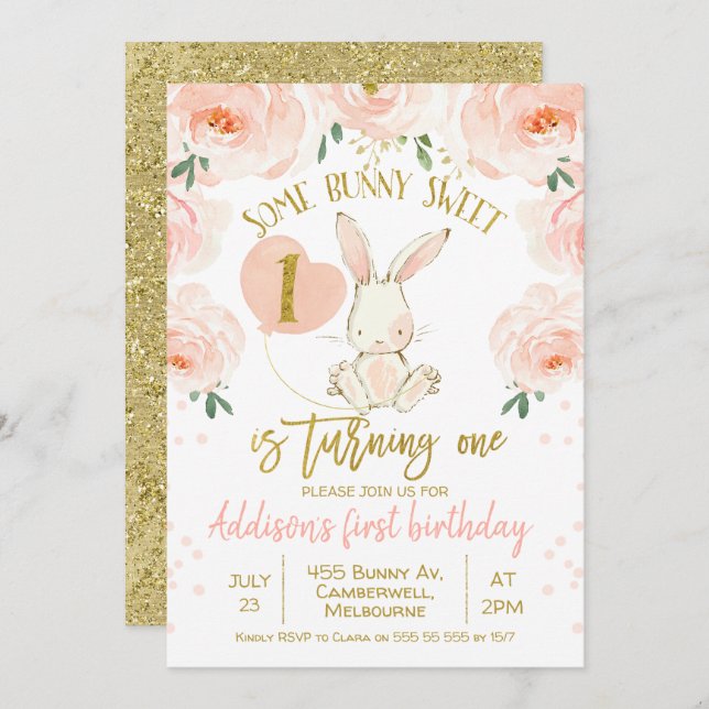 Floral gold pink bunny 1st Birthday Invitation (Front/Back)