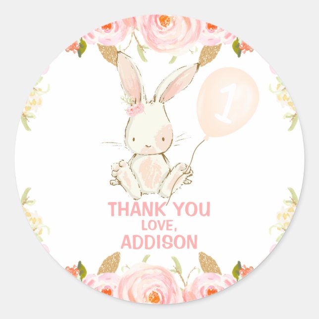 Floral Gold Pink Bunny Pink Balloon 1st Birthday Classic Round Sticker (Front)