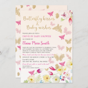 Floral Gold Pink Butterflies Drive By Baby Shower Invitation