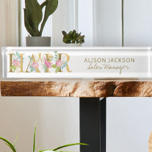 Floral gold pink typography hair salon manager nameplate