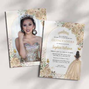 Floral Gold Princess Birthday Quinceanera Photo Invitation