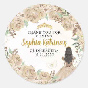 Floral Gold Princess Quinceanera Birthday Favour Classic Round Sticker