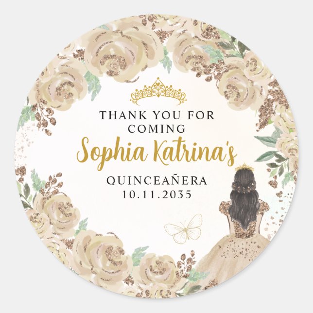 Floral Gold Princess Quinceanera Birthday Favour Classic Round Sticker (Front)