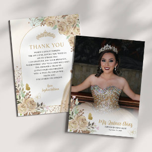 Floral Gold Princess Quinceanera Photo Thank You