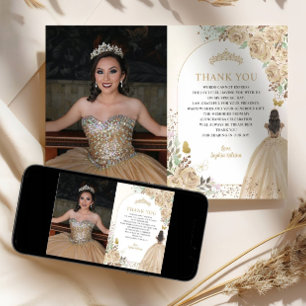 Floral Gold Princess Quinceanera Photo Thank You Invitation