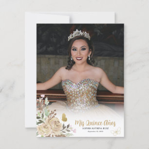 Floral Gold Princess Quinceanera Photo Thank You Invitation