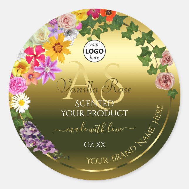Floral Gold Product Packaging Labels Monogram Logo (Front)