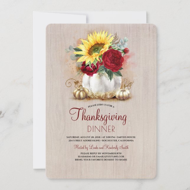 Floral Gold Pumpkin Rustic Thanksgiving Dinner Invitation (Front)