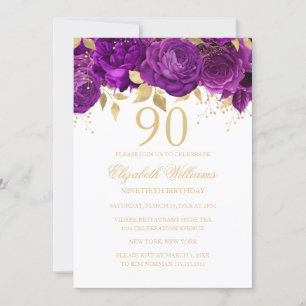Floral Gold Purple Rose 90th Birthday Invitation