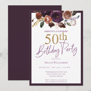 Floral Gold Purple Surprise 50th Birthday Party Invitation