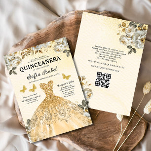 Floral Gold QR Code Princess Quinceanera Invitation