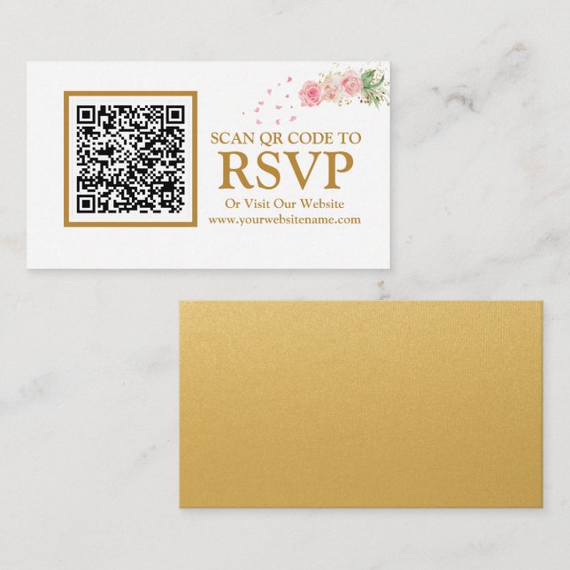 Floral Gold QR Code RSVP Website Enclosure Card (Front/Back)