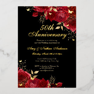 Floral Gold Red 50th Wedding Anniversary