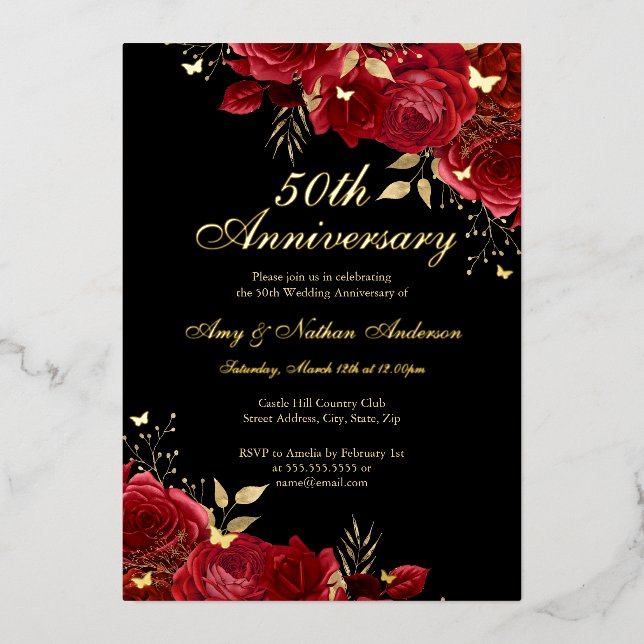 Floral Gold Red 50th Wedding Anniversary (Front)