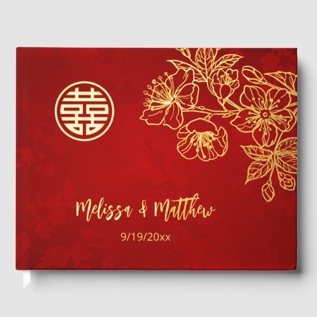 Floral Gold Red Chinese Wedding Guest Book (Front)