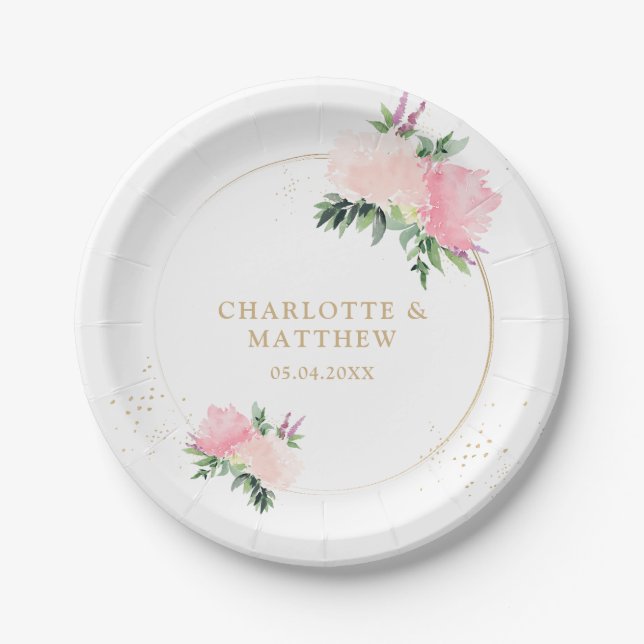 Floral Gold Romantic Wedding  Paper Plate (Front)