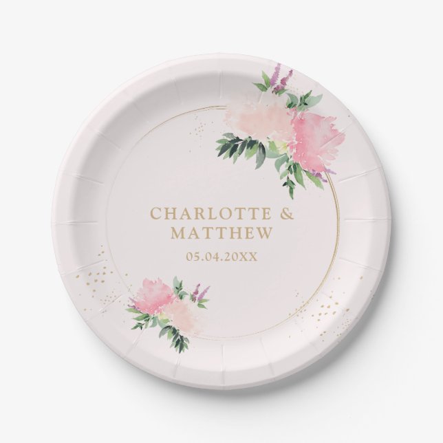 Floral Gold Romantic Wedding  Paper Plate (Front)