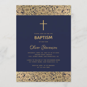 Floral Gold Rose on Navy Blue Elegant Boy Baptism Invitation