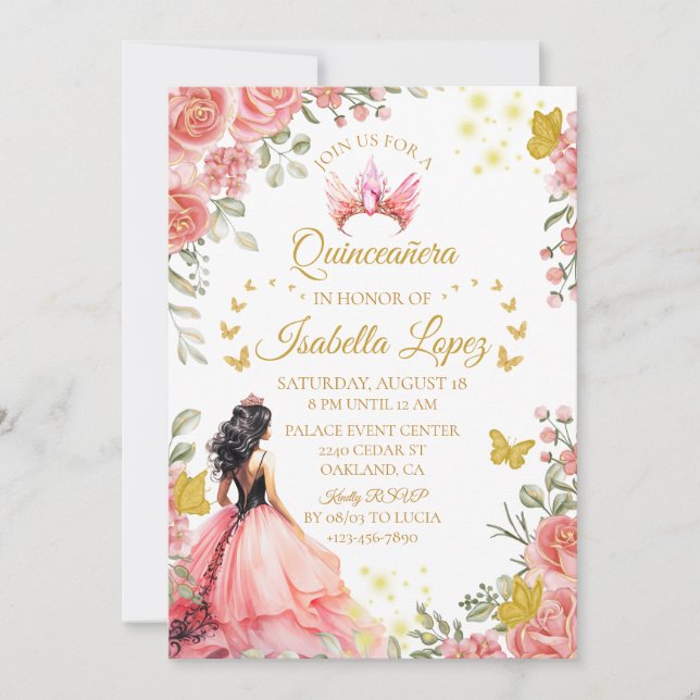 Floral Gold Rose Princess Quinceanera Birthday Invitation (Front)