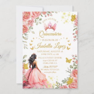 Floral Gold Rose Princess Quinceanera Birthday Invitation