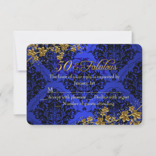 Floral Gold Royal Blue 50 Fabulous Birthday RSVP 2 Card