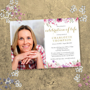 Floral Gold Script Celebration of Life Funeral Invitation