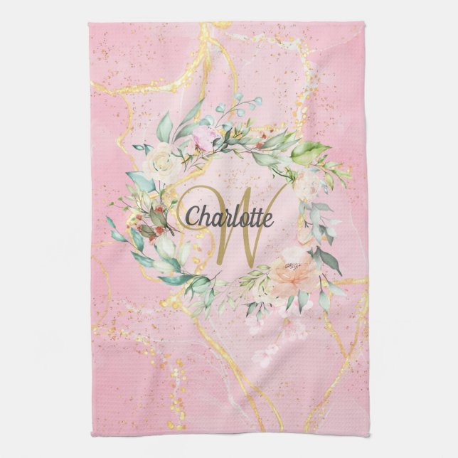Floral Gold Script Monogram Pink Geode Agate Tea Towel (Vertical)