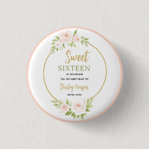Floral Gold Script Sweet Sixteen Birthday  3 Cm Round Badge