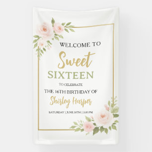 Floral Gold Script Sweet Sixteen Birthday  Banner