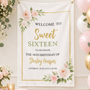 Floral Gold Script Sweet Sixteen Birthday Banner