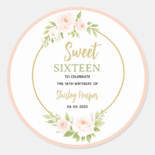 Floral Gold Script Sweet Sixteen Birthday Classic Round Sticker