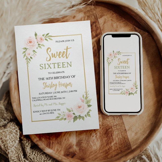 Floral Gold Script Sweet Sixteen Birthday  Invitation (Creator Uploaded)