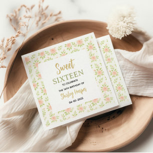 Floral Gold Script Sweet Sixteen Birthday Napkin