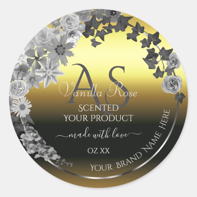 Floral Gold Silver Grey Product Labels Monogram (Front)
