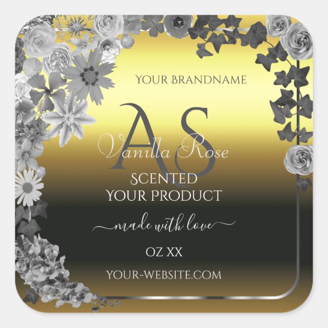 Floral Gold Silver Grey Product Labels Monogram (Front)