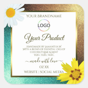 Floral Gold Teal Glitter White Product Labels Logo